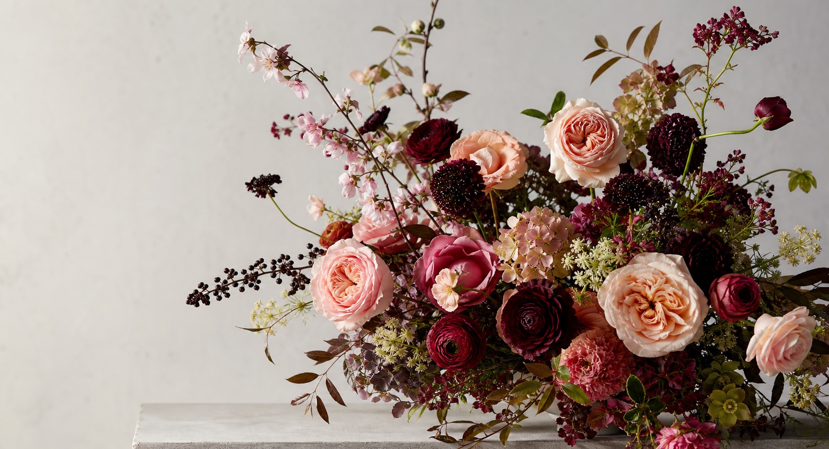 A modern seasonal bouquet of roses and expressive stems